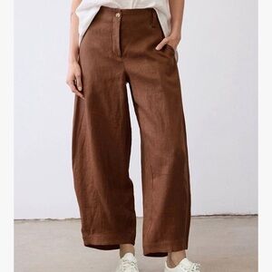 Wide Leg Linen-Blend Pants in Brown